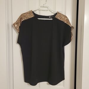 Chic Black Blouse with Gold Sequin Shoulders Size L
